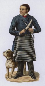 Metzger, der ein Messer schärft, mit Hund von European School