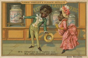 Karikatur Afrikaner betrachten Leibig Fleischextrakt im Schaufenster von European School