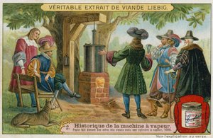 Denis Papin führt Versuche mit seiner Kolbendampfmaschine vor seinen Freunden durch, Marburg, Deutschland, 1690 von European School