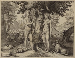 Eva wird von der Schlange verführt, die Frucht vom Baum der Erkenntnis zu essen von European School