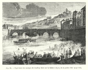 Experiment des Marquis de Jouffroy auf der Saone in Lyon, 15. Juli 1783 (Stich) von European School