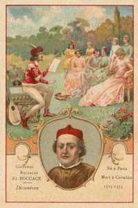 Giovanni Boccaccio, italienischer Schriftsteller und Dichter, und eine Szene aus dem Decameron von European School