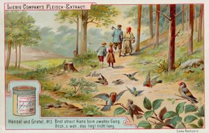 Hänsel und Gretel: Vögel fressen die Brotkrumen, die Hänsel hinterlassen hat, um den Weg nach Hause zu finden von European School