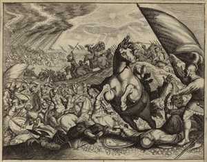 Israeliten besiegen die Amoriter-Armee, nachdem Josua Sonne und Mond befohlen hat, stillzustehen (Stich) von European School