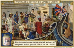 Verladung von wertvollen Gegenständen auf ein Schiff im Hafen von Korinth, Antikes Griechenland von European School
