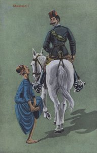 Mann mit Schmerzen, nachdem ein Pferd und Reiter auf seinen Fuß getreten sind (Farblithografie)