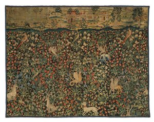 Mille-fleurs-Wandteppichfragment mit Tieren, Vögeln und Landschaft, um 1500 von European School
