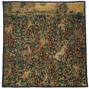 Mille-Fleurs-Wandteppichfragment, das Tiere, Vögel und Landschaft darstellt, ca. 1500 von European School