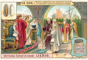 Mönche bringen die ersten Seidenkokons zu Kaiser Justinian nach Konstantinopel von European School