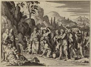 Moses schlägt mit seinem Stab auf den Felsen, um Wasser hervorzubringen (Gravur) von European School