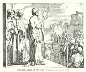 Paulus predigt in Antiochia, Apostelgeschichte, Kapitel xvii, Vers 22 (Gravur) von European School