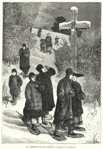 Menschen mit Schneeschuhen kehren am Sonntag von der Kirche zurück, Kanada von European School