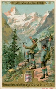 Szene von einem Ausflug in die Alpen: im Tal (Chromolithografie)