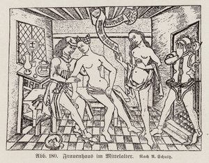 Szene in einem Frauenhaus, einem spätmittelalterlichen deutschen Bordell von European School