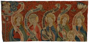 Wandteppichfragment, Darstellung des Allmächtigen und sechs heiliger Frauen, wahrscheinlich von einem Antependium, Ende des 15. Jahrhunderts von European School
