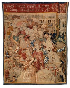 Wandteppichfragment mit Damen und Herren zu Pferd, oder Paris kehrt mit Helena zurück, oder Die Rückkehr von der Kampagne