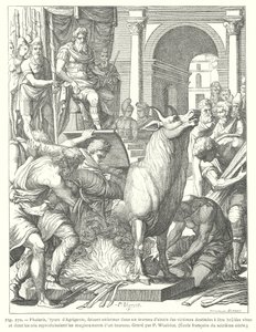 Der bronzene Stier: Folter- und Hinrichtungsinstrument durch Feuer, verwendet vom antiken griechischen Tyrannen Phalaris von Akragas (Agrigent), Sizilien