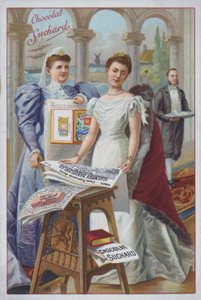 Frau mit einer Zeitung, Werbung für Suchard Schokolade von European School