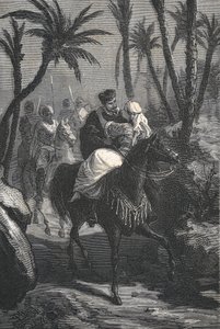 Cervantes reitet mit einer Frau in einer Oase