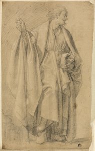 Stehende, drapierte männliche Figur, die einen Stab hält von Eustache Le Sueur