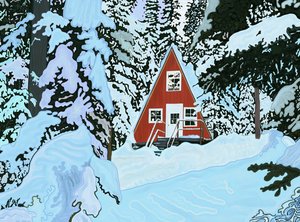 Rotes A-Rahmen-Haus im Schnee bei Nacht