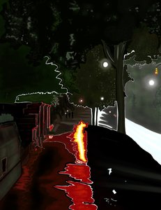 Rotes Licht auf Gehweg nach Regen reflektiert, NY, Morgendämmerung von Evan Sklar