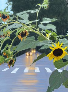 Sonnenblumen und Autos auf baumgesäumter Straße bei Morgendämmerung von Evan Sklar