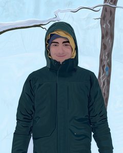 Junger Mann in grüner Parka im Schnee von Evan Sklar