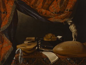 Stillleben mit Musikinstrumenten, Büchern und Skulptur, ca. 1650