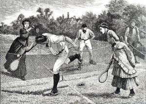 Gravur, die ein freundliches Doppel-Tennismatch darstellt