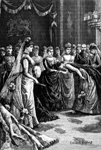 Königin Victoria begrüßt Gäste in einem Salon im Buckingham Palace, spätes 19. Jahrhundert, 1900