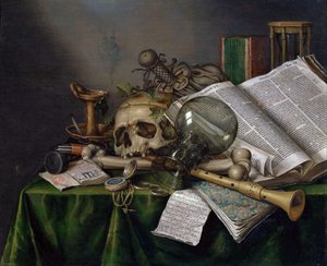 Vanitas - Stillleben mit Büchern, Manuskripten und einem Schädel