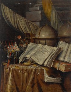 Vanitas-Stillleben mit einem Globus, Büchern und einer Schatulle mit Juwelen auf einem drapierten Tisch