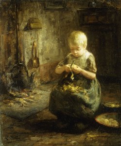 Ein Kind schält Kartoffeln von Evert Pieters