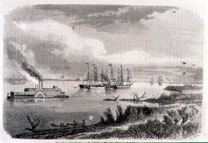 Ein Dampfer und ein Schlepper auf dem Mississippi, graviert von Stephane Pannemaker (1847-1930)