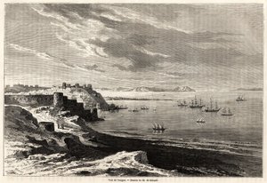 Ansicht von Tanger (Marokko), Zeichnung von Evremond de Berard (1824-1881), zur Illustration der Reiseberichte von M.F. Schickler nach Marokko. Gravur in „Le tour du monde, nouveau journal des voyages“ Paris von Evremond de (after) Berard