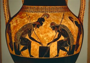 Attische schwarzfigurige Amphore, die Achilles und Ajax beim Würfelspiel darstellt (Detail) von Exekias Exekias