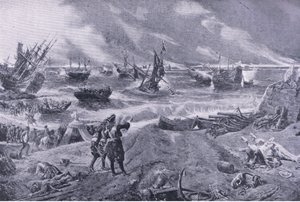 Jakob II. in der Schlacht von La Hogue, 23. Mai 1692, Illustration aus Britische Schlachten zu Land und zu Wasser, 1915