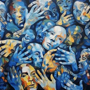 Eine Menge Gesichter auf Leinwand, zeitgenössische Wandkunst von F. Abderrahim