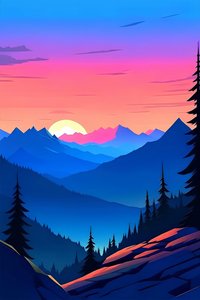 Eine Landschaft mit Sonnenuntergang und Berggipfeln