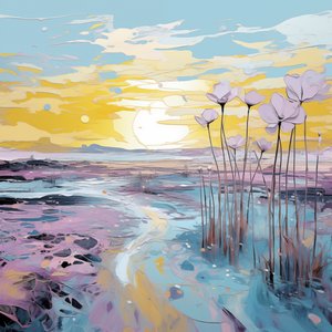 Abstrakte lila Blumen in Sonnenuntergangslandschaft