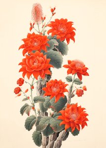 Abstrakter Kaktus mit Blumen, japanischer Holzschnitt, gerahmte Wandkunst