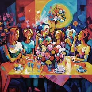 Abstrakte Illustration, glückliches Familienessen, Vollfarbig, Wandkunst-Druck