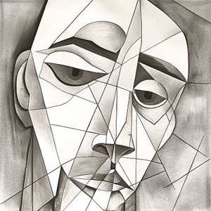 Abstrakte primitive Bleistiftzeichnung eines melancholischen Gesichts von F. Abderrahim