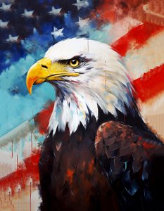 Amerikanischer Adler, US-Flagge im Hintergrund, Ölgemälde, Raumdekoration, Wandkunstdrucke von F. Abderrahim