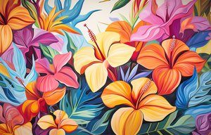 Strauß aus leuchtend bunten Hibiskusblüten, Blumenmalerei, Kunstdrucke von F. Abderrahim