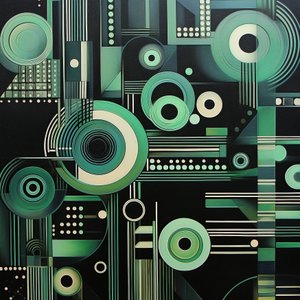 Komplexes geometrisches Gemälde auf dunklem schwarzen Hintergrund, Kunstdrucke