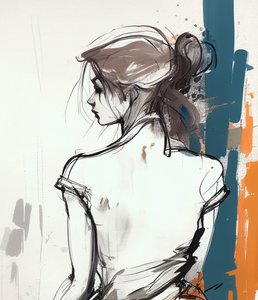 Zeichnung eines Mädchens von hinten, minimalistische Linienzeichnung von F. Abderrahim