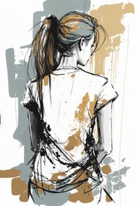 Mädchen von hinten gezeichnet, minimalistische chaotische Linien von F. Abderrahim