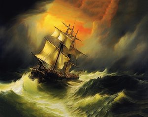 Schiff in einem Sturm auf See, im Stil von William Turner